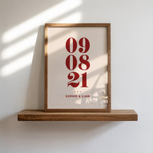 Load image into Gallery viewer, Personalised Date & Couples Name Hearts Wall Art Print in Beige Red