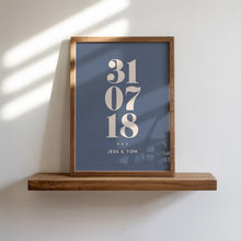 Load image into Gallery viewer, Personalised Date & Couples Name Hearts Wall Art Print in Blue Beige