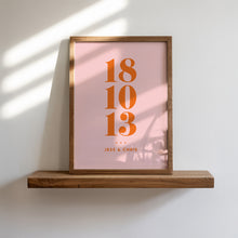 Load image into Gallery viewer, Personalised Date & Couples Name Hearts Wall Art Print in Pink Orange