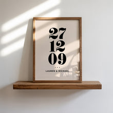 Load image into Gallery viewer, Personalised Date &amp; Couples Name Hearts Wall Art Print in Beige Black
