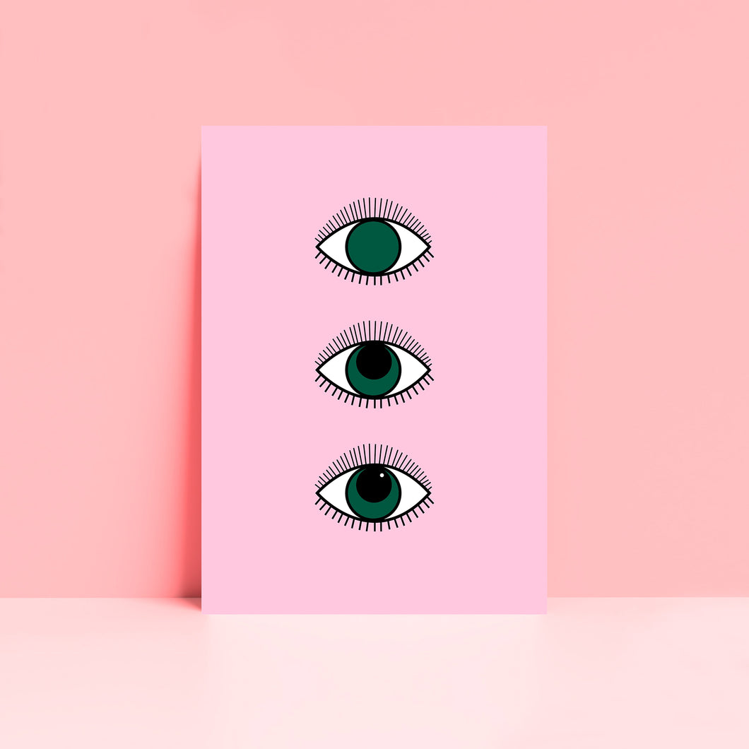 Magical 3 Eyes Boho Wall Art Print in Pink and Green