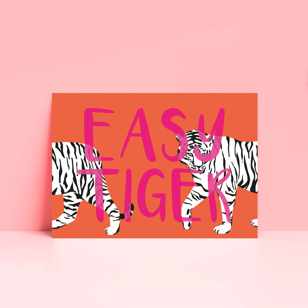 Easy Tiger Animal Typography Wall Art Print in Pink and Orange