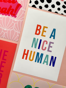 Be A Nice Human Rainbow Typography Wall Art Print